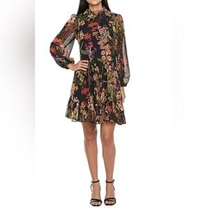 Melonie T Floral Ruffle Tiered Fit and Flare Dress Long Sheer Sleeves Size 6